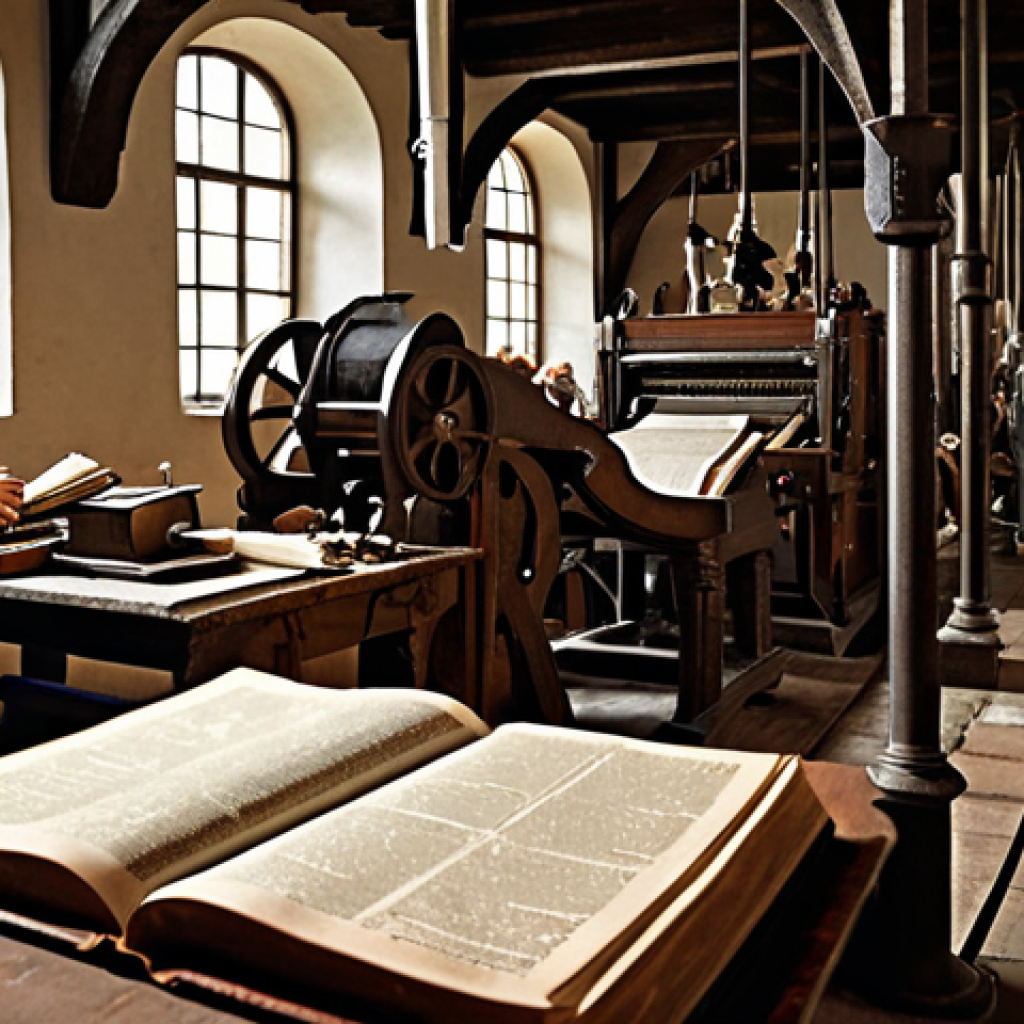 **
Gutenberg printing press churning out Bibles in a bustling 15th-century workshop. Focus on the contrast between the dark, gritty workshop and the emerging bright pages of the Bible. Include diverse figures, showcasing the widespread impact of the printing revolution. High-resolution, realistic, and historically accurate.
**