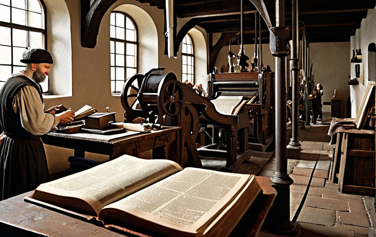 **

Gutenberg printing press churning out Bibles in a bustling 15th-century workshop. Focus on the contrast between the dark, gritty workshop and the emerging bright pages of the Bible. Include diverse figures, showcasing the widespread impact of the printing revolution. High-resolution, realistic, and historically accurate.

**