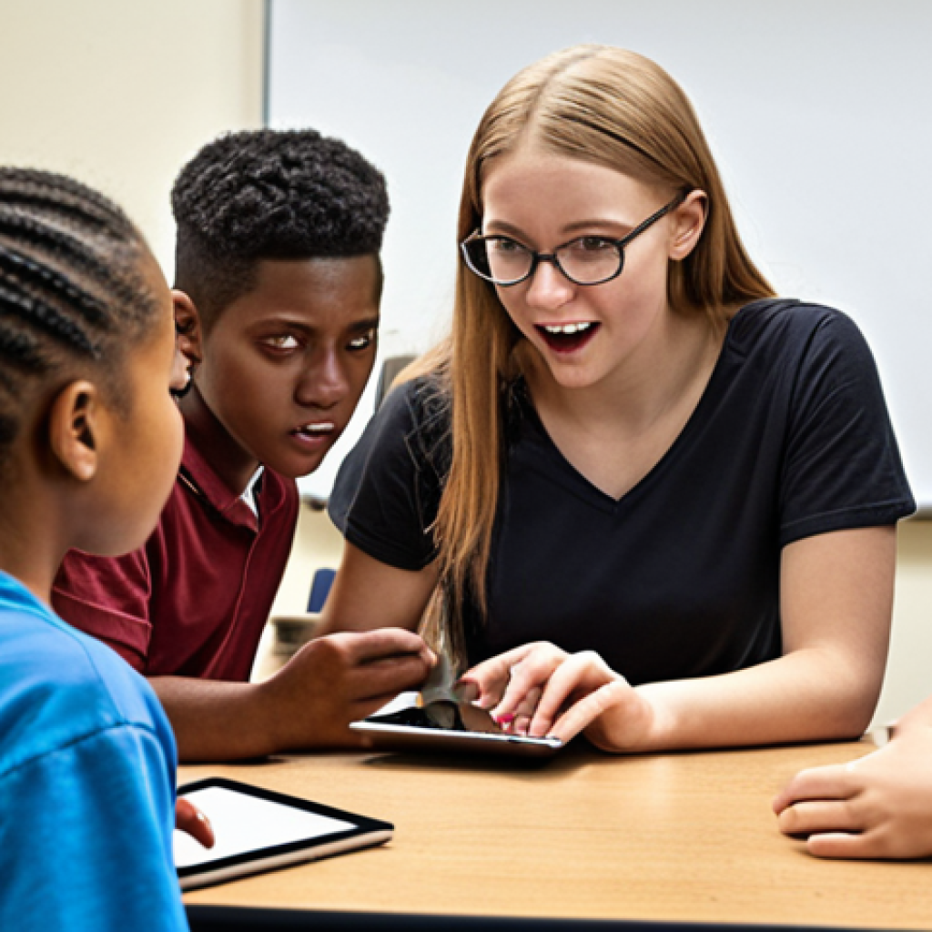 **
A diverse group of students engaging in a lively discussion in a modern classroom setting, perhaps with tablets or laptops. Depict them with expressions of understanding and empathy, highlighting the values of tolerance and respect for different viewpoints, within a Christian educational environment.
**
