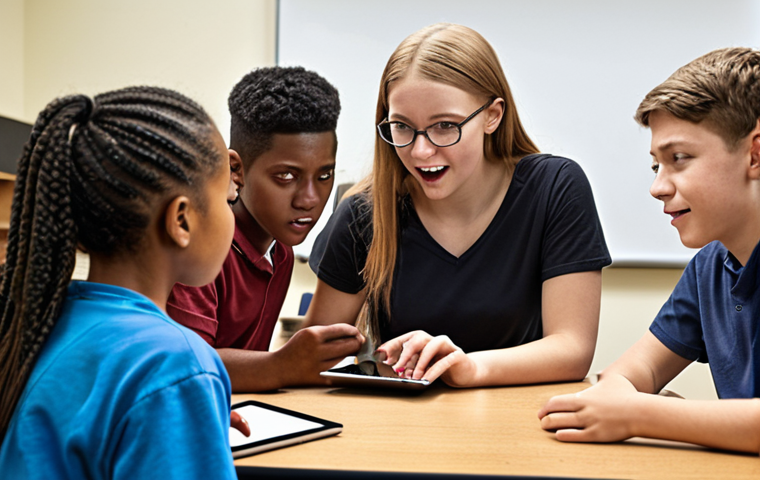 **

A diverse group of students engaging in a lively discussion in a modern classroom setting, perhaps with tablets or laptops. Depict them with expressions of understanding and empathy, highlighting the values of tolerance and respect for different viewpoints, within a Christian educational environment.

**