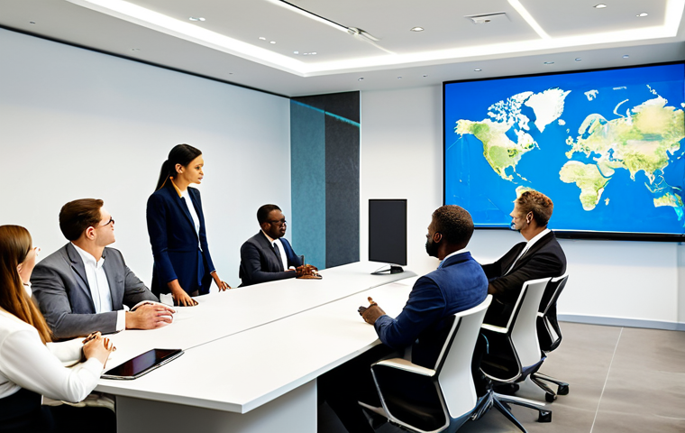 A diverse group of professional business leaders, fully clothed in modern business attire, engaged in a collaborative discussion around a sleek conference table in a sunlit, minimalist office. One leader points towards a holographic display visualizing sustainable development goals and a clear, ethical corporate vision, embodying a strong 'inner compass'. The atmosphere is one of focused determination and shared purpose. All subjects exhibit perfect anatomy, correct proportions, natural poses, well-formed hands, and proper finger count, with natural body proportions. The image is a high-quality, professional photograph, appropriate content, safe for work, family-friendly, showcasing modest clothing and professional dress.