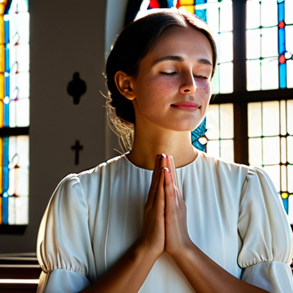 **
A serene woman in a modest white dress, praying in a sunlit church. Stained glass windows cast colorful light on her face. Soft, angelic lighting. Perfect anatomy, correct proportions, natural pose, well-formed hands, proper finger count. Safe for work, appropriate content, fully clothed, professional, family-friendly.
**