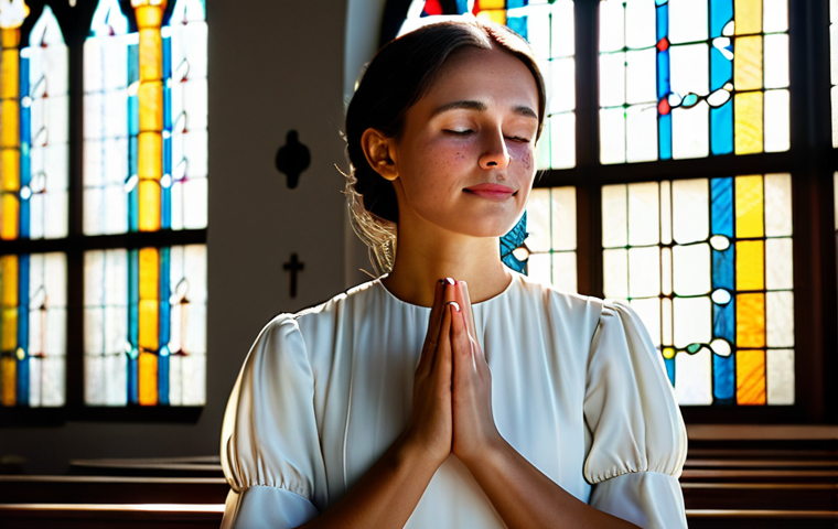 **

A serene woman in a modest white dress, praying in a sunlit church. Stained glass windows cast colorful light on her face. Soft, angelic lighting. Perfect anatomy, correct proportions, natural pose, well-formed hands, proper finger count. Safe for work, appropriate content, fully clothed, professional, family-friendly.

**