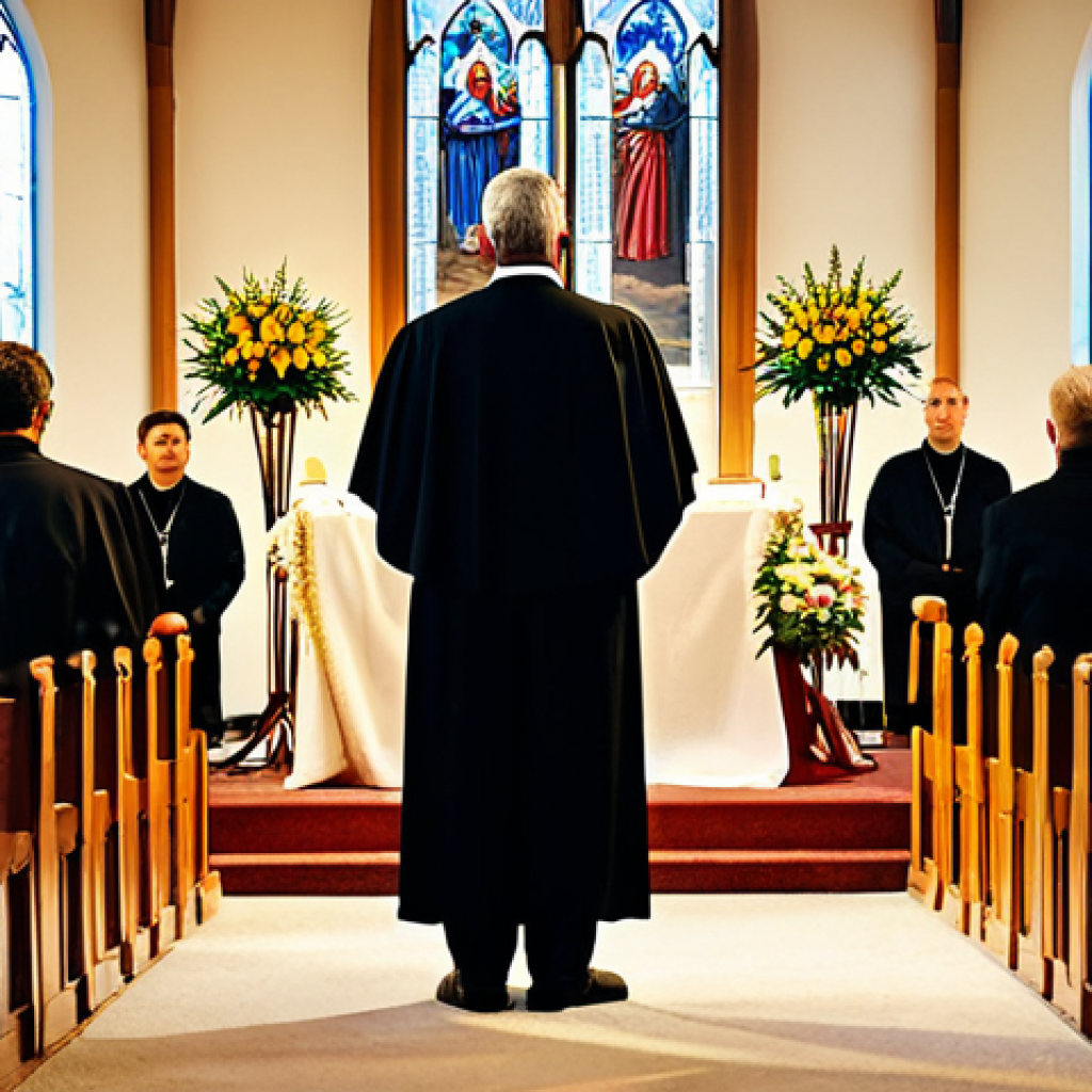 Christian Funeral Service**
"Interior of a brightly lit church during a Christian funeral service, featuring a decorated altar with flowers, a priest giving a sermon, and respectful attendees in modest attire. Soft, warm lighting. safe for work, appropriate content, fully clothed, professional, perfect anatomy, natural proportions, professional photography, high quality."
**