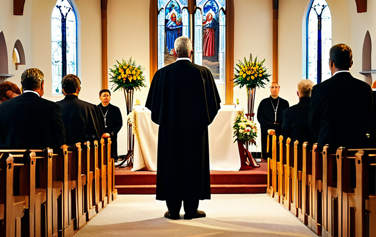 Christian Funeral Service**

"Interior of a brightly lit church during a Christian funeral service, featuring a decorated altar with flowers, a priest giving a sermon, and respectful attendees in modest attire. Soft, warm lighting. safe for work, appropriate content, fully clothed, professional, perfect anatomy, natural proportions, professional photography, high quality."

**