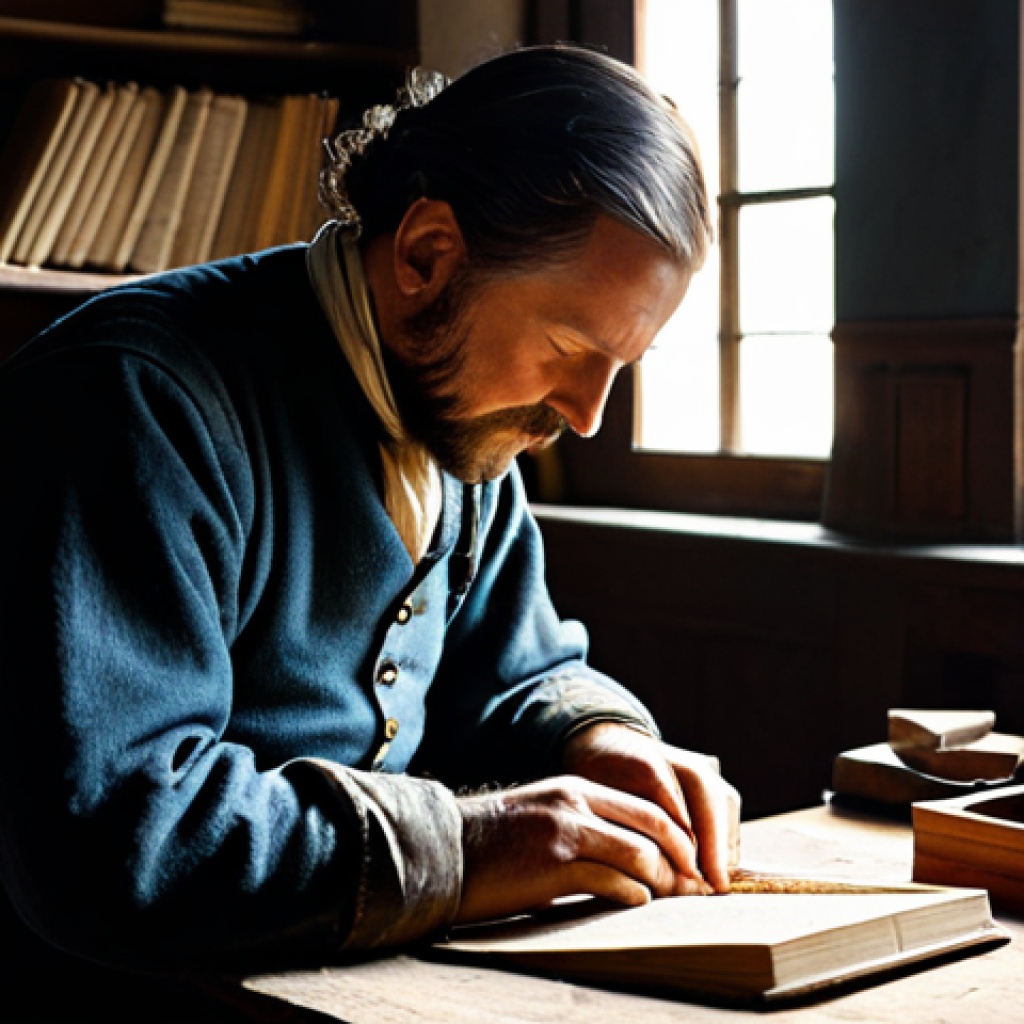 기독교와 자본주의 - **Prompt:** A 17th-century European male artisan, perhaps a watchmaker or a bookbinder, is meticulou...