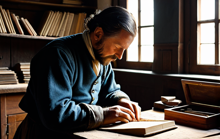 기독교와 자본주의 - **Prompt:** A 17th-century European male artisan, perhaps a watchmaker or a bookbinder, is meticulou...