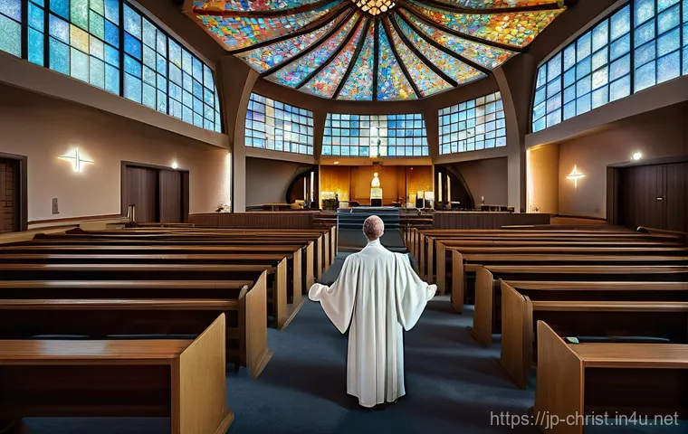 기독교와 AI 목회 - **A Serene AI Pastor in a Modern Church Setting**
    A futuristic yet inviting church interior, bat...