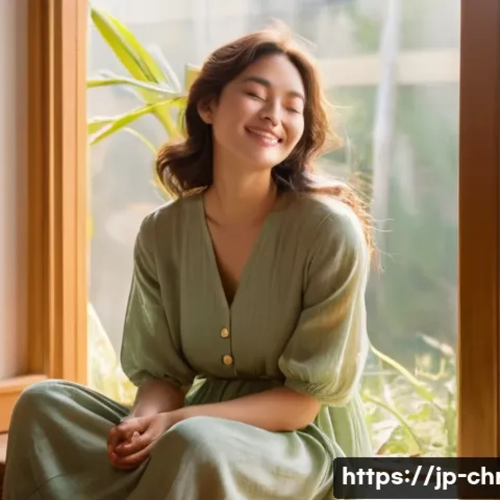 기독교와 기쁨의 영성 - **Prompt:** A young woman, appearing to be in her late 20s, sits gracefully on a polished wooden flo...