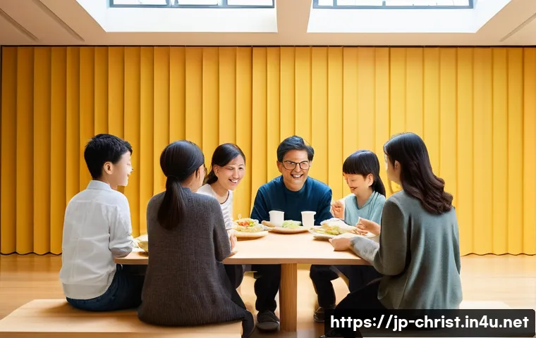 기독교와 다문화 사회 - **Prompt:** A vibrant, bustling community center set within a modern Japanese church. The scene shou...