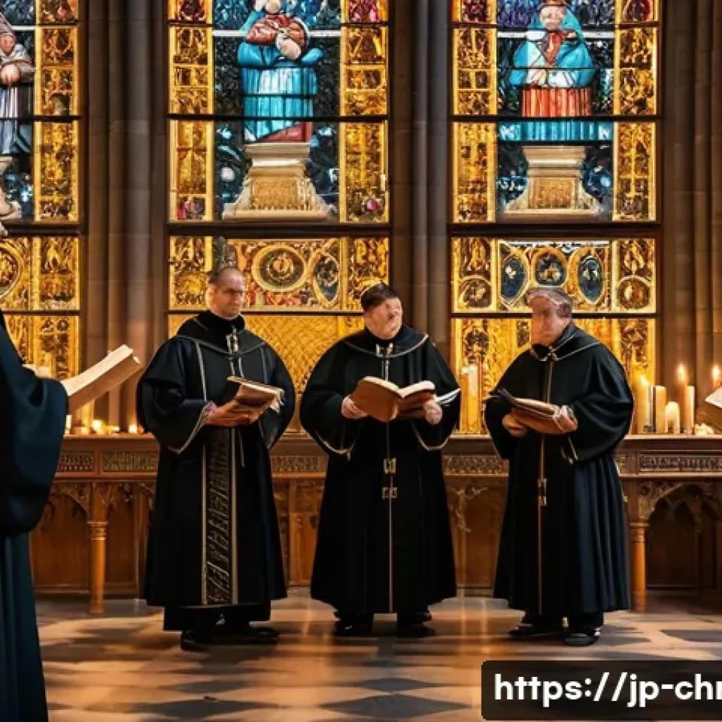 루터의 95개조 반박문 - A detailed Renaissance-era church interior scene showing Catholic clergy dressed in traditional vest...