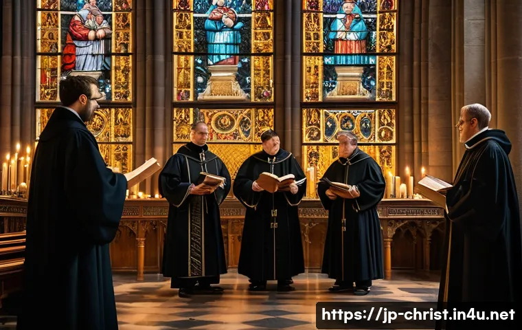 루터의 95개조 반박문 - A detailed Renaissance-era church interior scene showing Catholic clergy dressed in traditional vest...