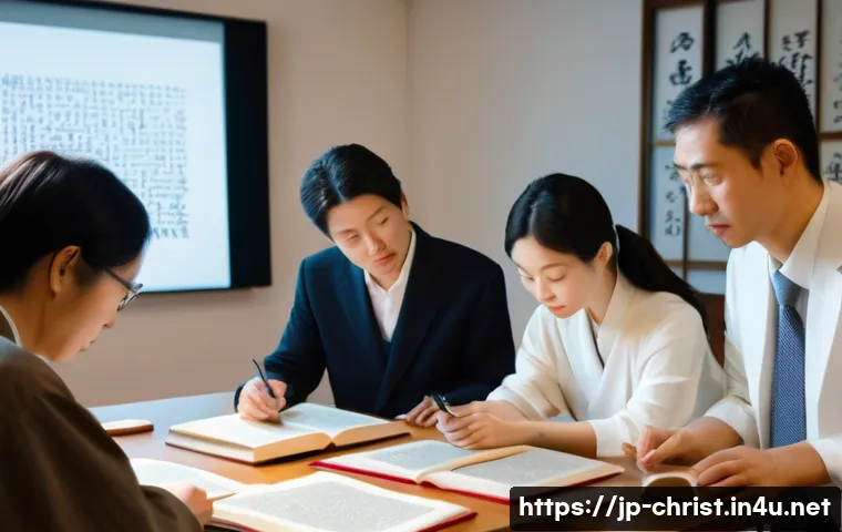 기독교와 번역 사역 - A serene scene of a diverse group of translators collaborating in a modern, sunlit room filled with ...