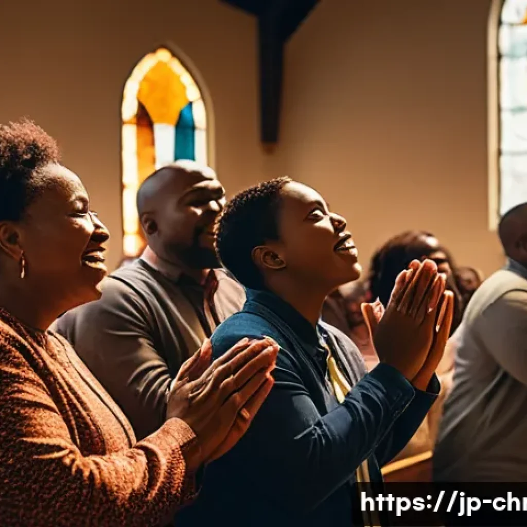 기독교의 은사주의 - A warm and dynamic scene inside a modern Pentecostal church during a lively worship service, with di...