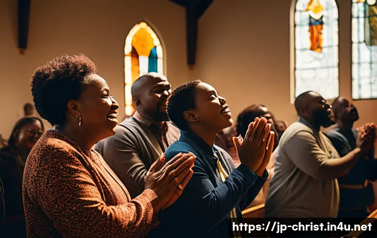 기독교의 은사주의 - A warm and dynamic scene inside a modern Pentecostal church during a lively worship service, with di...