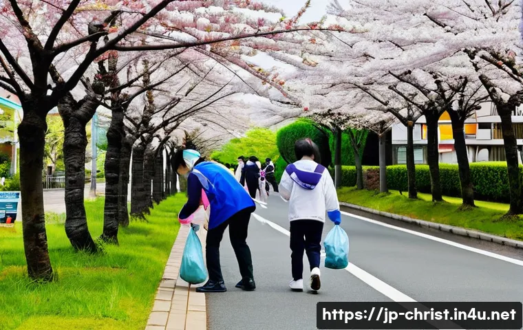 기독교와 환경운동 - A serene church community event in a modern Japanese town, where diverse people from children in dia...