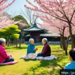 기독교와 현장 선교 - A warm community gathering in a Japanese neighborhood park during spring, featuring diverse age grou...