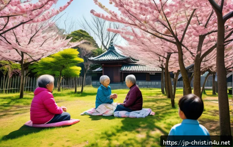 기독교와 현장 선교 - A warm community gathering in a Japanese neighborhood park during spring, featuring diverse age grou...