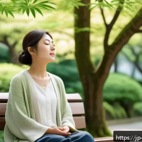 기독교와 불교의 만남 - A serene scene of a young Japanese woman sitting peacefully on a park bench under soft dappled sunli...