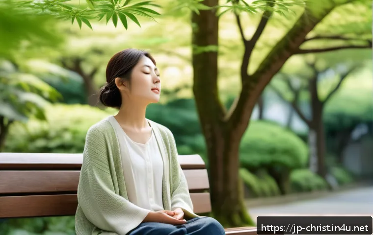 기독교와 불교의 만남 - A serene scene of a young Japanese woman sitting peacefully on a park bench under soft dappled sunli...