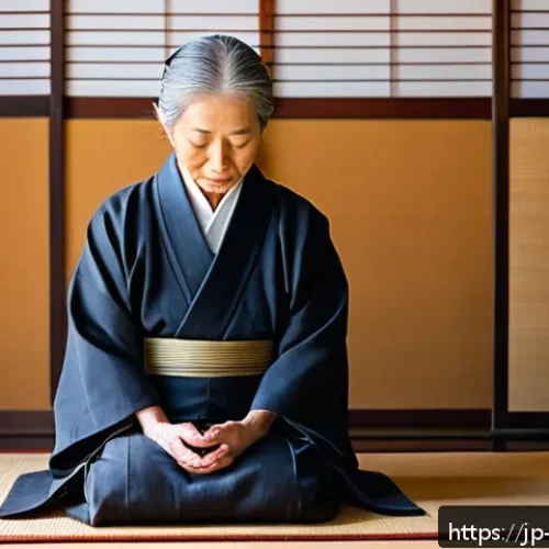 기독교와 은퇴 사역 - A serene Japanese elderly woman wearing modest, tasteful clothing, sitting peacefully in a tradition...