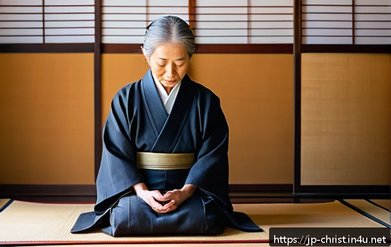 기독교와 은퇴 사역 - A serene Japanese elderly woman wearing modest, tasteful clothing, sitting peacefully in a tradition...