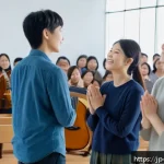 기독교의 성령 집회 - A serene gathering scene inside a warmly lit modern hall where a diverse group of people dressed in ...