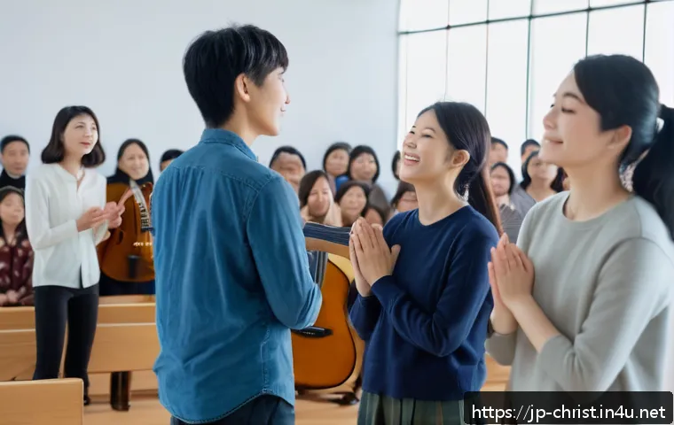 기독교의 성령 집회 - A serene gathering scene inside a warmly lit modern hall where a diverse group of people dressed in ...