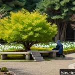 기독교와 환경보호 - A serene church garden scene in early spring, with diverse people from children wearing diapers to e...