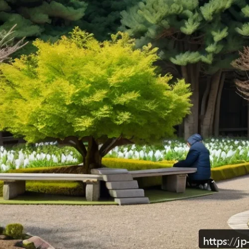 기독교와 환경보호 - A serene church garden scene in early spring, with diverse people from children wearing diapers to e...