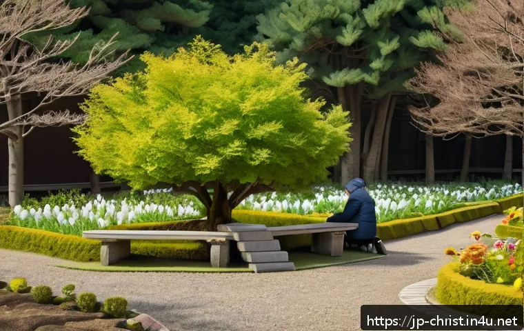 기독교와 환경보호 - A serene church garden scene in early spring, with diverse people from children wearing diapers to e...