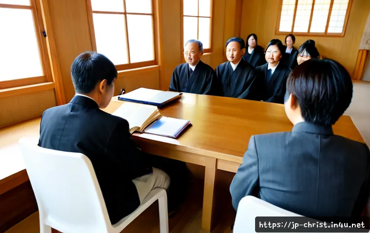 기독교와 교회정치 - Photorealistic Japanese church council meeting, diverse adult congregation members and a pastor seat...