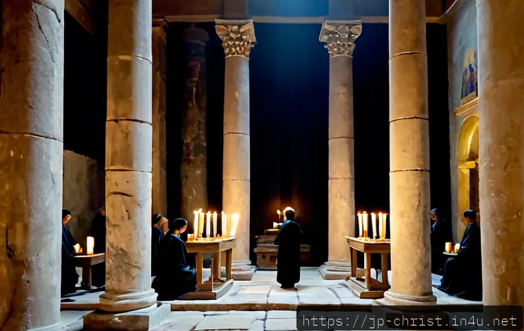 로마제국과 기독교 - Photorealistic ancient Roman basilica interior during the early Christian era, a diverse group of mo...