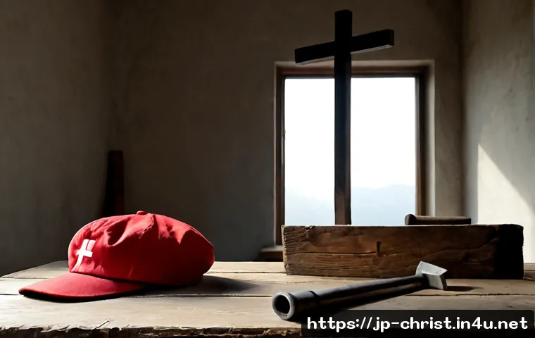 기독교와 공산주의 - Photorealistic editorial still life contrasting Christianity and communism: a simple wooden cross be...